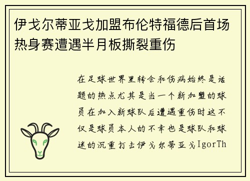 伊戈尔蒂亚戈加盟布伦特福德后首场热身赛遭遇半月板撕裂重伤